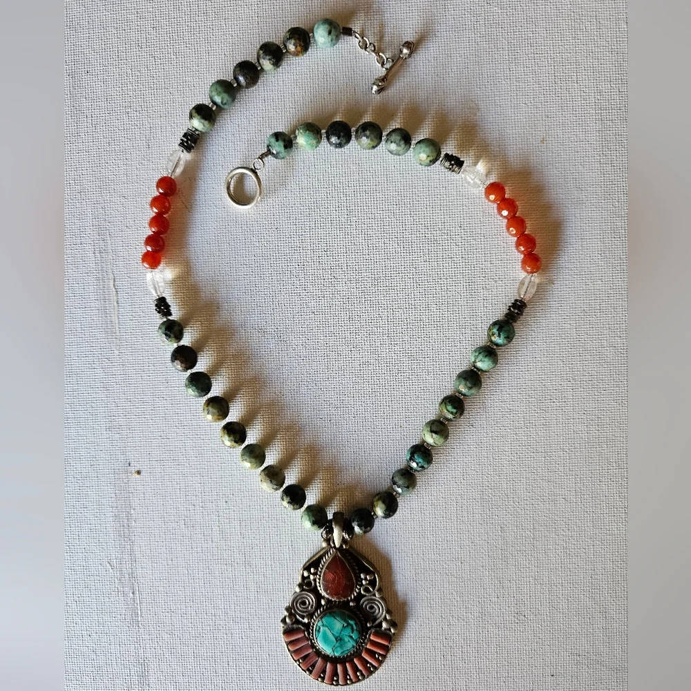 Artisan Turquoise,Carnelian,and Coral Silver Statement Necklace - Picture 2 of 6